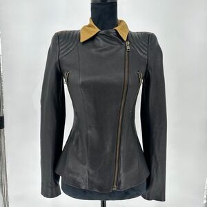 Alexander McQueen Black Nappa Leather Leopard Moto Jacket Italy‎ 38 US 2 Luxury